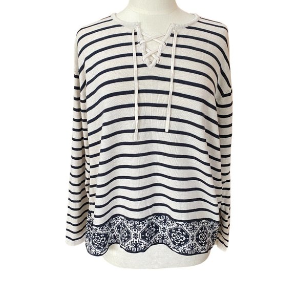 J. Jill Mariner Striped Damask Nautical Lace Up Lightweight Knit Pullover-L - Picture 5 of 13